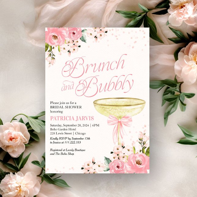 Invitation Brunch Floral Bow Rose Et Fête des mariées Bubbly (Créateur téléchargé)