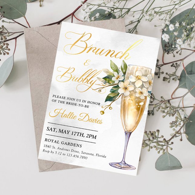 Invitation Brunch Floral Champagne Et Fête des mariées Bubbly (Créateur téléchargé)