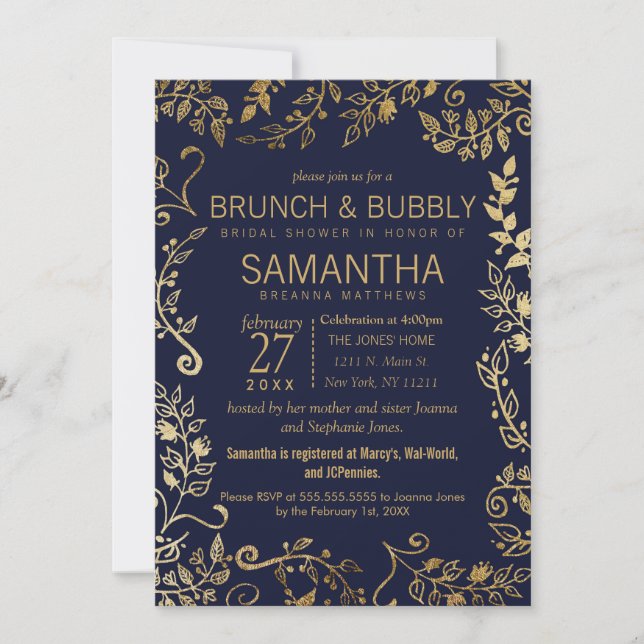Invitation Brunch floral d'or élégant de bleu marine (Devant)