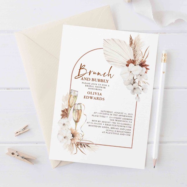 Invitation Brunch floral en terre cuite et Fête des mariées à (White orchids and pampas grass bridal shower invites set a sophisticated tone)