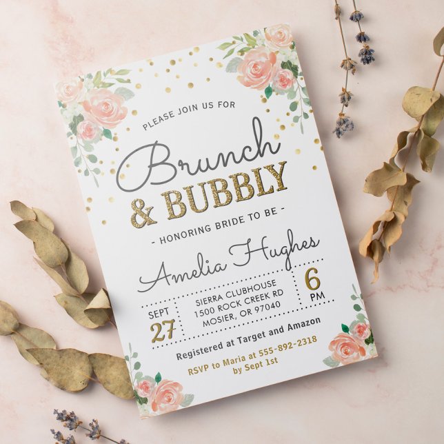 Invitation Brunch floral et Fête des mariées d'or Bubbly Peon (Créateur téléchargé)