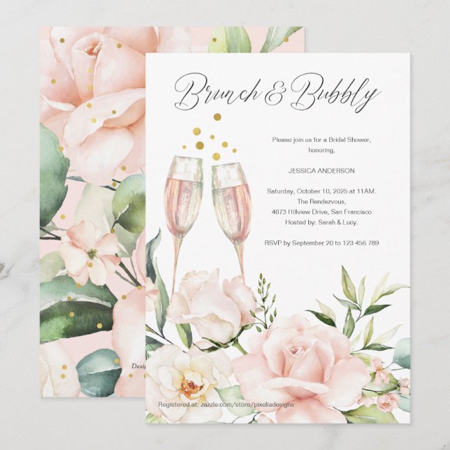 Invitation Brunch floral et mimosa chic rose et mousseux (Devant / Derrière)