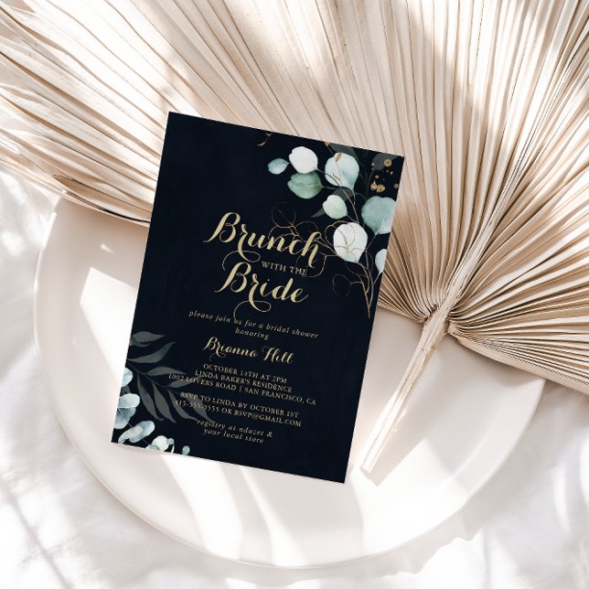 Invitation Brunch Floral or avec douche Blue Bride (Créateur téléchargé)