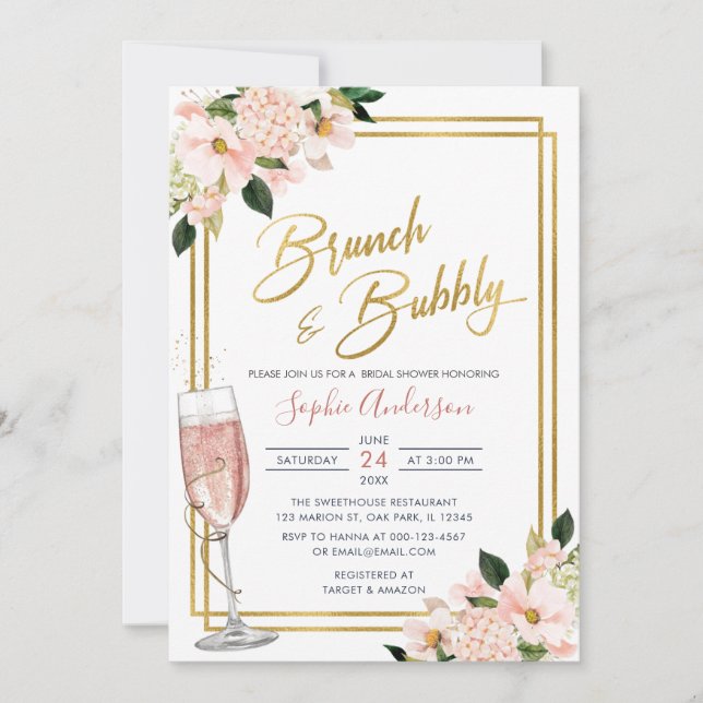 Invitation Brunch Floral Or Blush Et Fête des mariées Bubbly (Devant)
