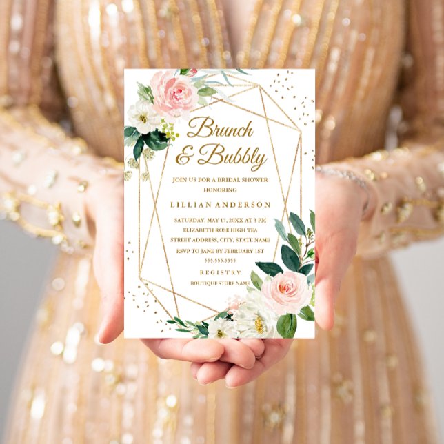 Invitation Brunch Floral Or Blush Et Fête des mariées Bubbly (Créateur téléchargé)
