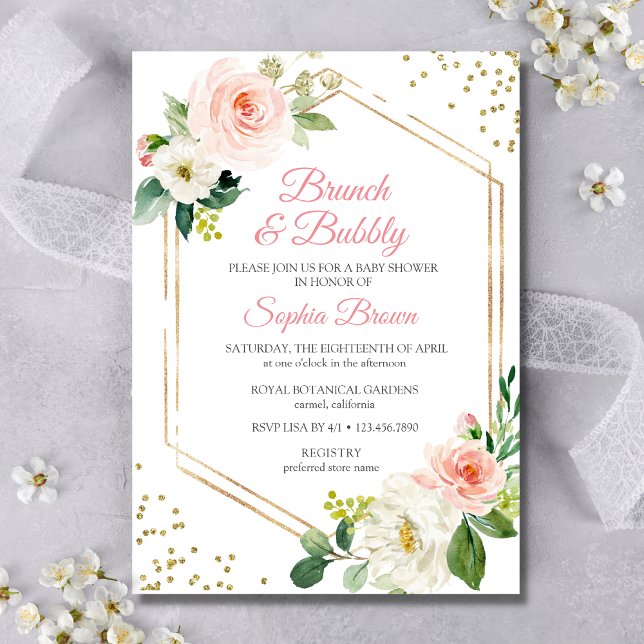 Invitation Brunch Floral Or Blush Et Fête des mariées Bubbly (Pink Floral Brunch and Bubbly Invitation)