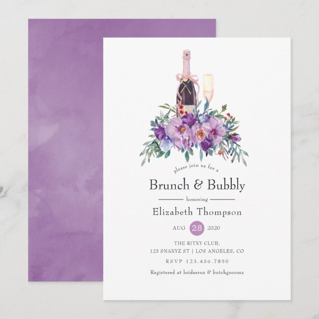 Invitation Brunch Floral pourpre et Fête des mariées mousseus (Devant / Derrière)
