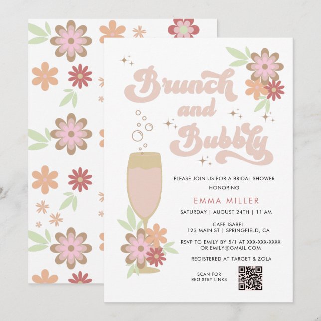 Invitation Brunch floral rétro et Fête des mariées bulle (Devant / Derrière)