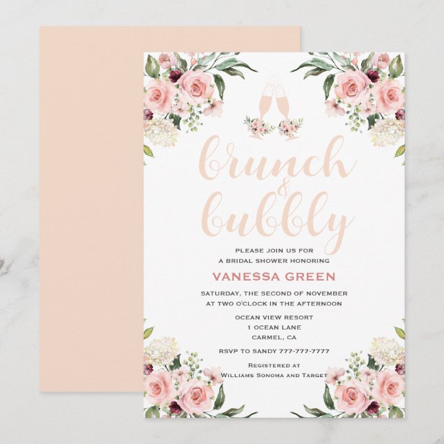 Invitation Brunch floral rose et Fête des mariées mousseuse (Devant / Derrière)