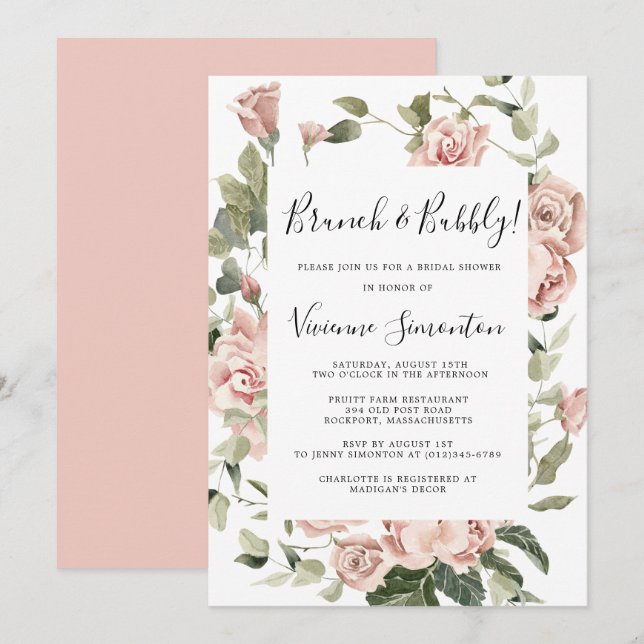 Invitation Brunch floral rose roux et bulle (Devant / Derrière)