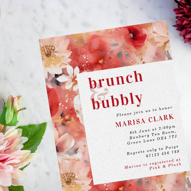 Invitation Brunch floral rouge et bleu et Fête des mariées bu (Créateur téléchargé)