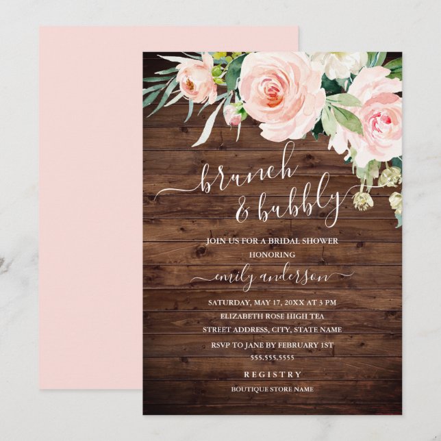 Invitation Brunch Floral Rustique Et Fête des mariées Bubbly (Devant / Derrière)