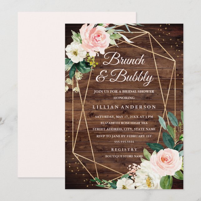 Invitation Brunch Géométrique Floral En Bois Bleu Et Bubbly (Devant / Derrière)