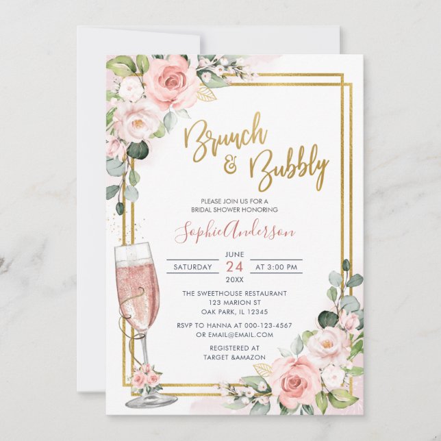 Invitation Brunch Géométrique Rose Floral Et Bubbly (Devant)
