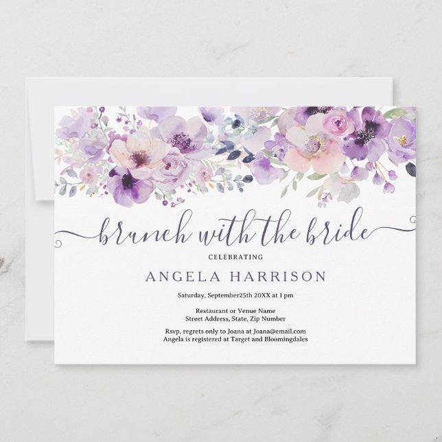 Invitation Brunch Lilac violet avec florale douche de mariée (Devant)