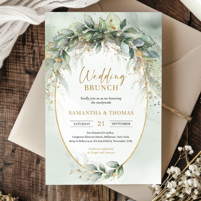 Invitation Brunch mariage boho eucalyptus vert or tendance (Boho eucalyptus greenery foliage gold oval arch wedding invitation digital)