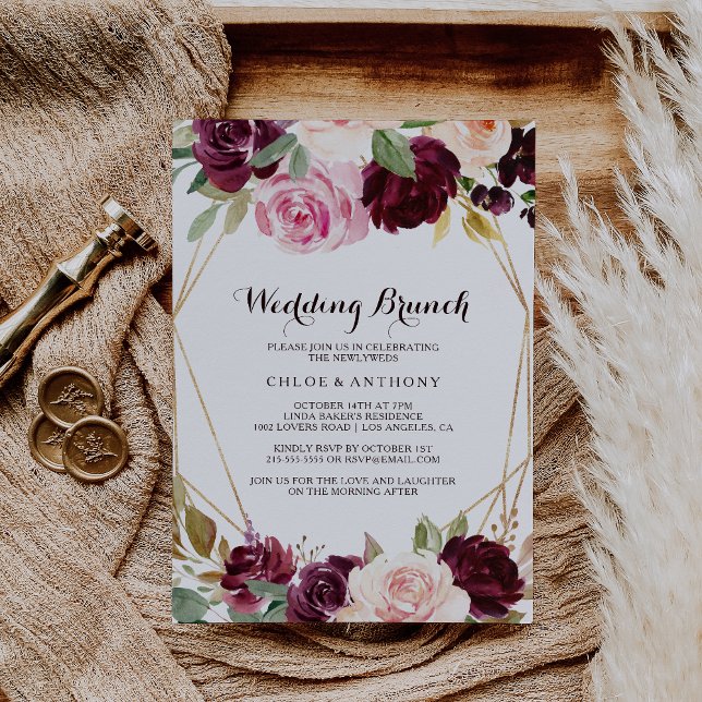 Invitation Brunch Mariage Floral de Bourgogne géométrique or (Créateur téléchargé)