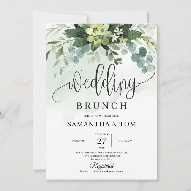 Invitation Brunch mariage succulent pastel vert aquarelle (Devant)