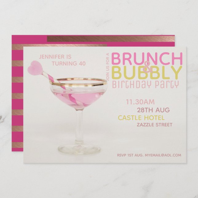 Invitation Brunch moderne 40e cocktail BUBBLY OR rose (Devant / Derrière)