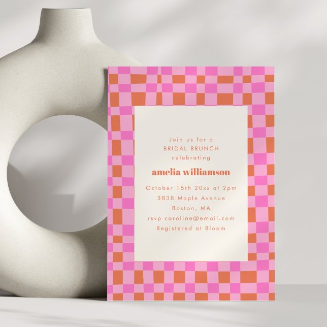 Invitation Brunch nuptial Abstrait À damiers rose orange rétr (Créateur téléchargé)