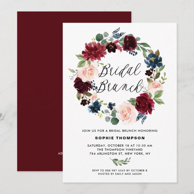 Invitation Brunch nuptial de couronnes florales bordeaux et b (Devant / Derrière)
