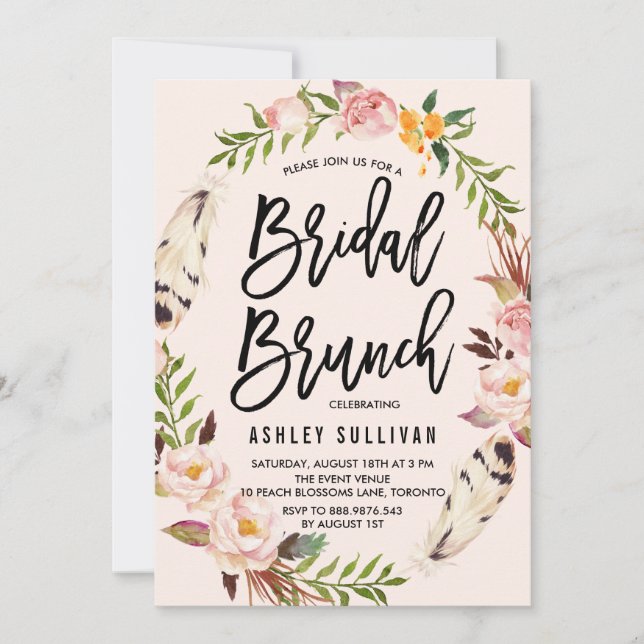 Invitation Brunch nuptial des plumes de Bohême et des gerbes  (Devant)