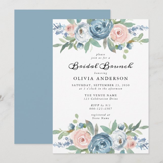 Invitation Brunch nuptial dusty Blue & Blush Rose Floral (Devant / Derrière)