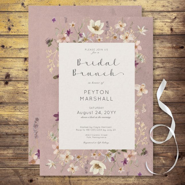 Invitation Brunch nuptial Fleur sauvage rose rustique (Rustic Pink Wildflower Frame Bridal Brunch Invitation)