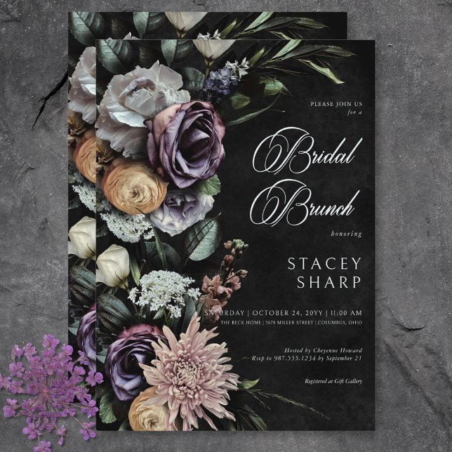 Invitation Brunch nuptial gothique foncé mystérieux floral bo (Dark Gothic Mysterious Muted Floral Bridal Brunch Invitation)