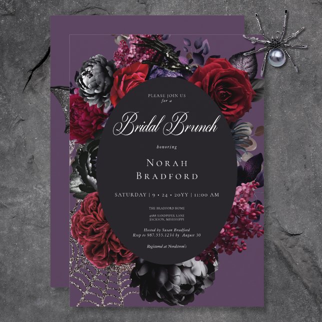 Invitation Brunch nuptial noir d'Halloween Glam Floral violet (Dark Halloween Glam Floral Purple Bridal Brunch Invitation)