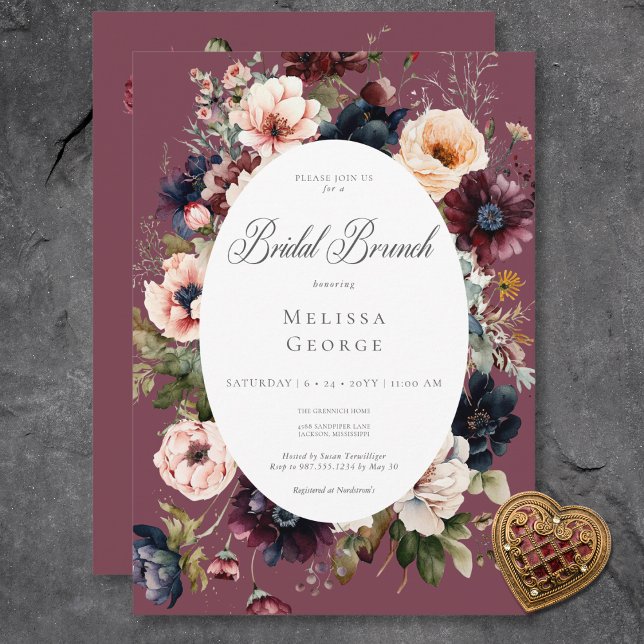 Invitation Brunch nuptial ovale bordeaux foncé (Dark Burgundy Oval Floral Frame Bridal Brunch Invitation)