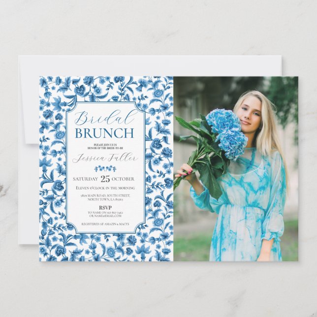 Invitation Brunch nuptial photo bleu & blanc floral ditsy (Devant)