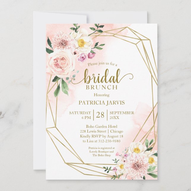 Invitation Brunch nuptial rose flush or géométrique (Devant)