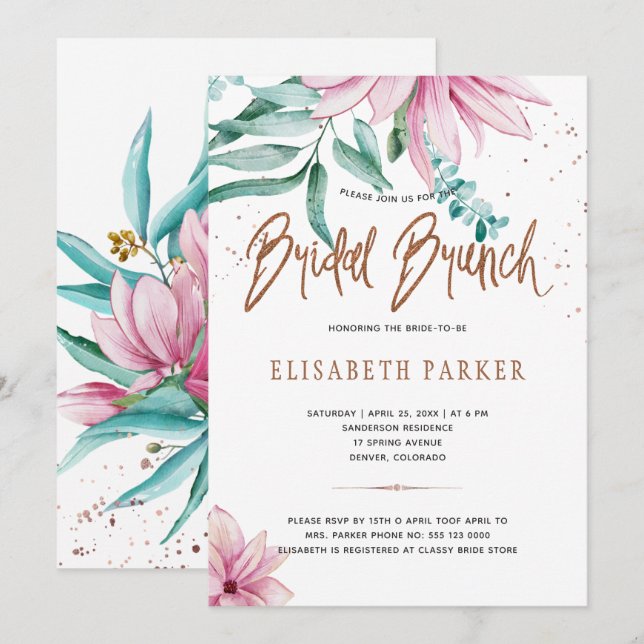 Invitation Brunch nuptial rose vif en cuivre doré douche nupt (Devant / Derrière)