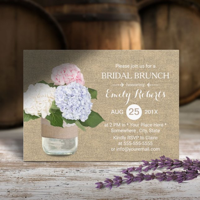 Invitation Brunch nuptial rustique Hydrangea Mason Jar Burlap (Créateur téléchargé)