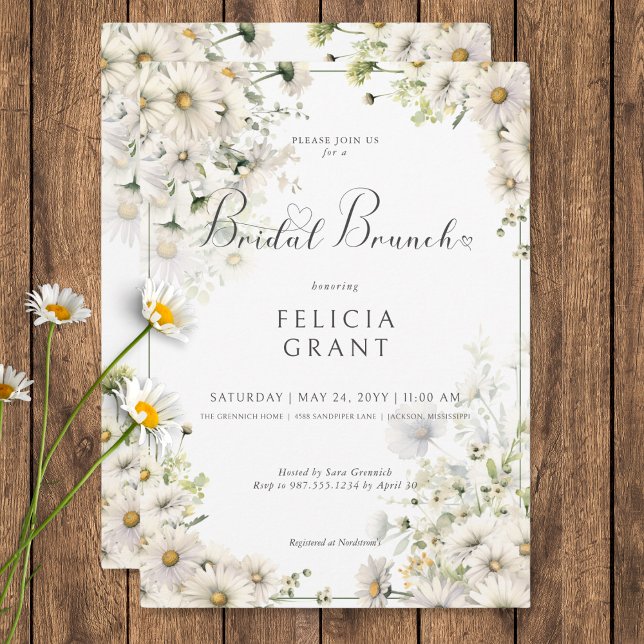 Invitation Brunch nuptial Rustique White Daisies (Rustic White Daisies Bridal Brunch Invitation)