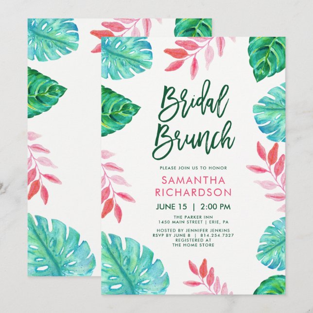 Invitation Brunch nuptial trendy tropical Watercolor (Devant / Derrière)