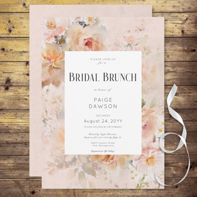 Invitation Brunch nuptial vintage Rustique rose (Vintage Rustic Pink Floral Frame Bridal Brunch Invitation)