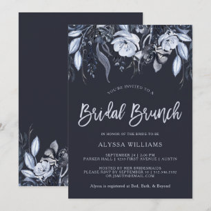 Invitation Brunch nuptiale bleu d'aquarelle florale foncée de