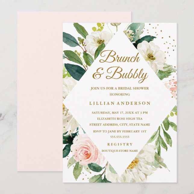 Invitation Brunch Or Rose Floral Et Bubbly (Devant / Derrière)