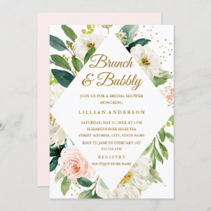 Invitation Brunch Or Rose Floral Et Bulle