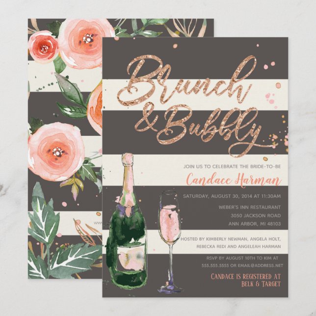 Invitation Brunch & Parties scintillant Rose Fête des mariées (Devant / Derrière)