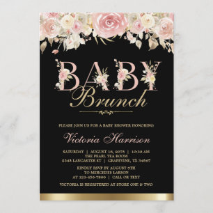 Invitation Brunch pour Baby Shower Élégant Rose Noir et Or Fl