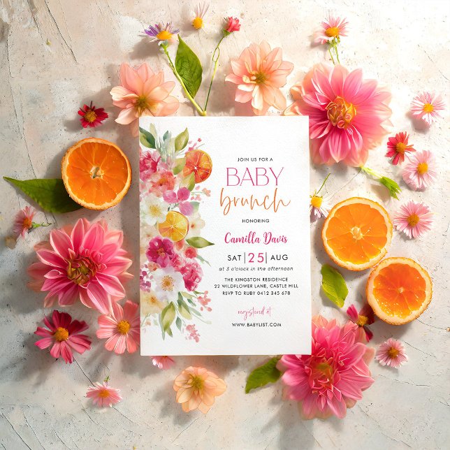 Invitation Brunch pour bébé Citrus, Floral lumineux méditerra (Citrus Baby Brunch Invitation Mediterranean Themed Baby Shower with oranges and bright flowers)