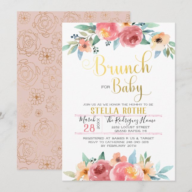 Invitation Brunch pour bébé - Fleurs de printemps (Devant / Derrière)