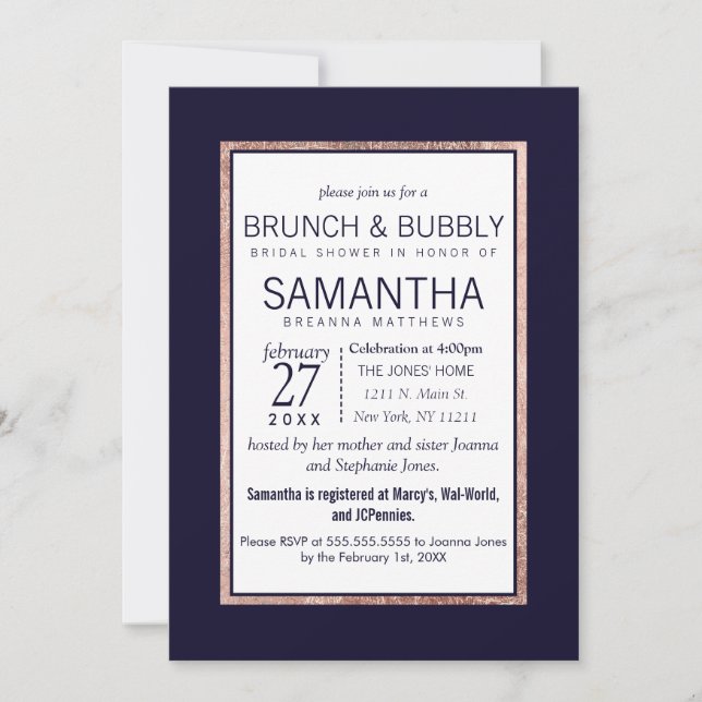 Invitation Brunch rayé par or rose simple de bleu marine (Devant)