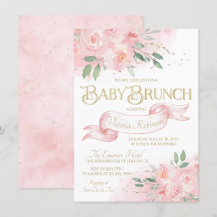 Invitation Brunch rose de bébé d'aquarelle rose d'or de fille
