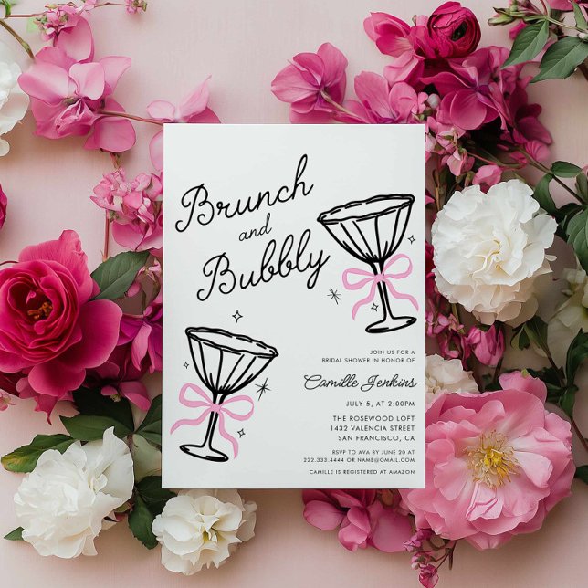 Invitation Brunch rose et bubbly main Whimsical tiré (Pink Brunch and Bubbly Bridal Shower Invitation)