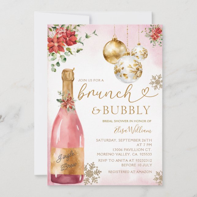 Invitation Brunch rose et Fête des mariées champagne Bubbly (Devant)
