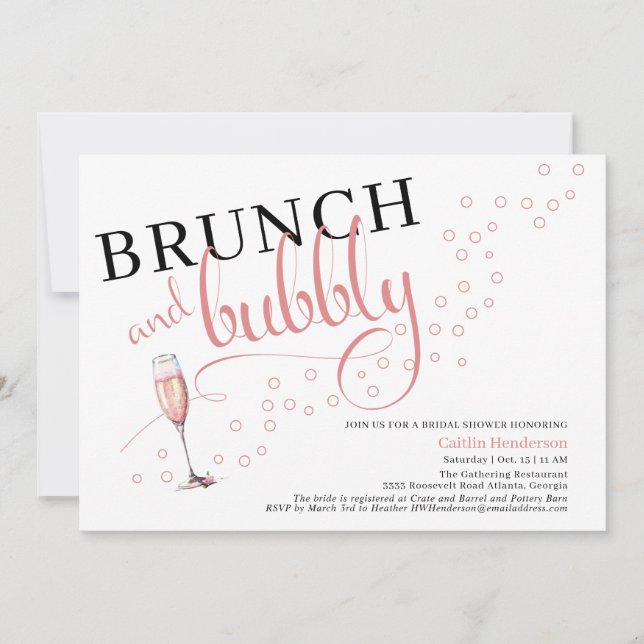 Invitation Brunch rose et Fête des mariées champagne Bubbly (Devant)